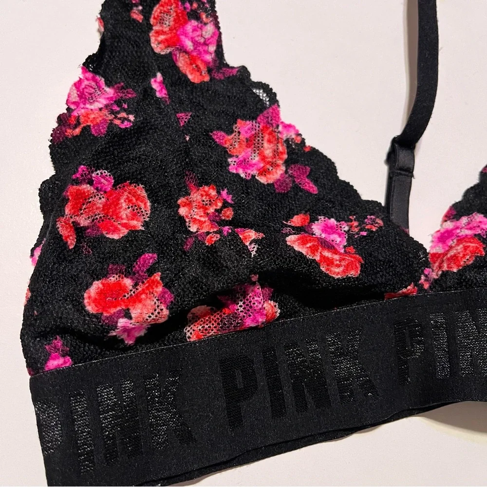 PINK Victoria Secret Black Pink Rose Floral Halter Neck Bralette Bra Small